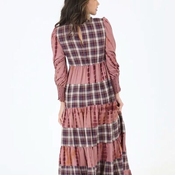 NEW! Beautiful Tie dye and Plaid Tiered Maxi Dress with Smocked Bodice - Picture 6 of 8